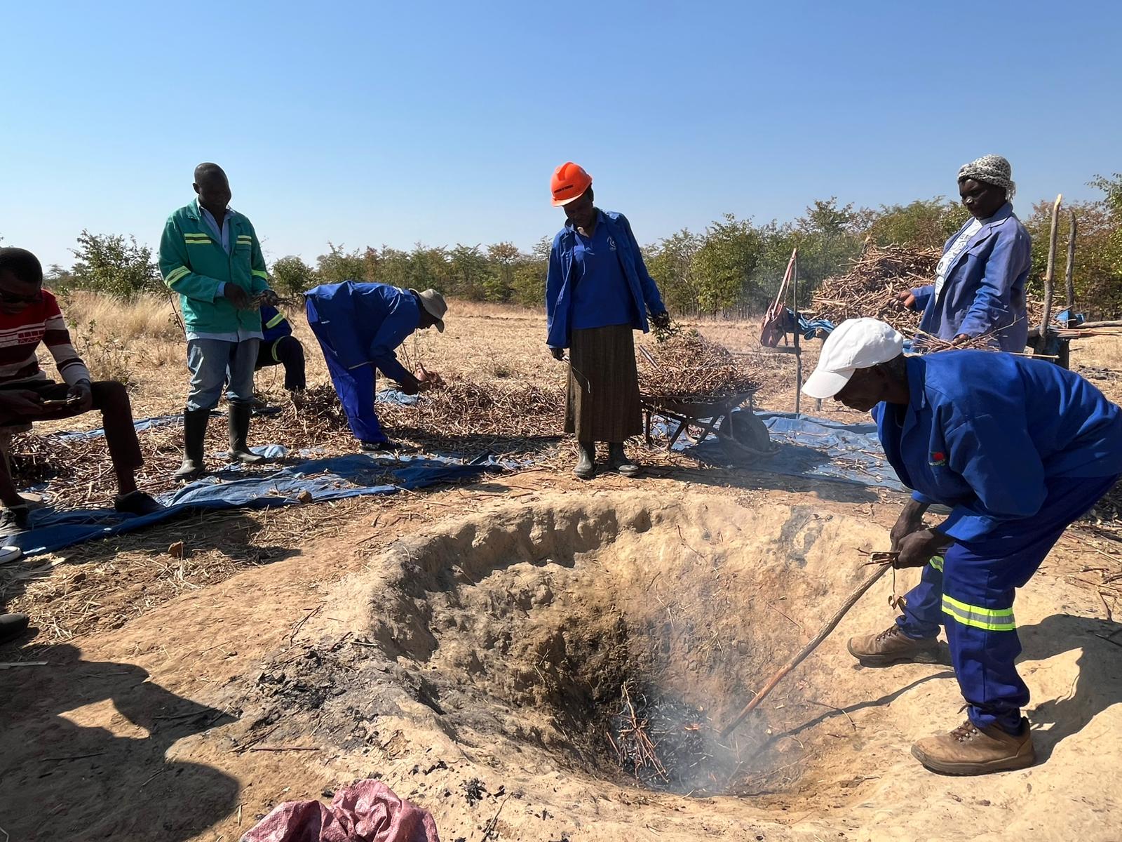 An elderly farmer in Sanyati produces biochar in a pit while others look on.